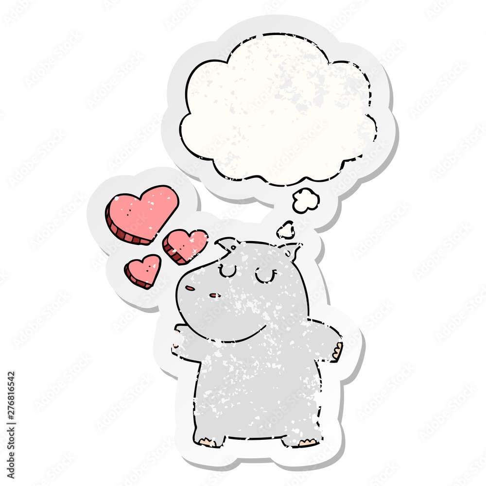 cartoon hippo in love and thought bubble as a distressed worn sticker cartoon hippo in love and thought bubble as a distressed worn sticker