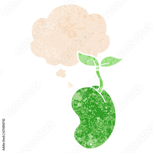cartoon sprouting seed and thought bubble in retro textured style