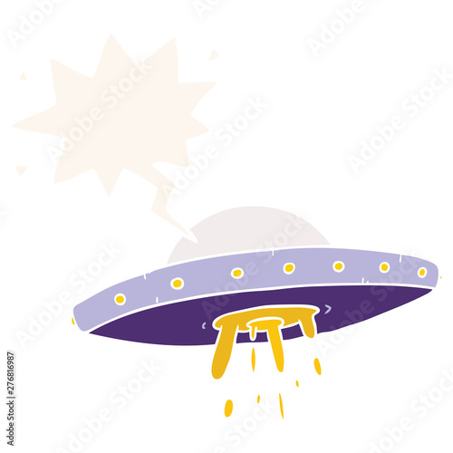 cartoon flying UFO and speech bubble in retro style