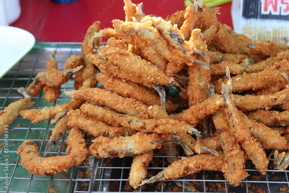 Deep fried Shishamo fish ,Japanese food that is very popular in street food of Thailand.