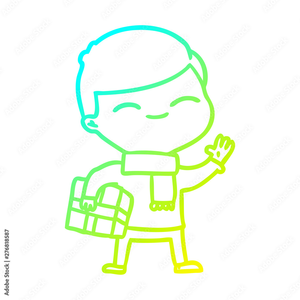 cold gradient line drawing cartoon smiling boy with gift