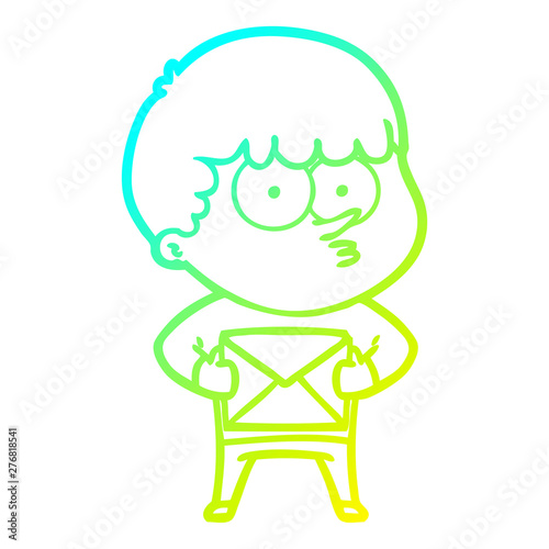 cold gradient line drawing cartoon curious boy carrying a gift