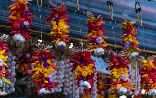 Flowers hanging in a street market