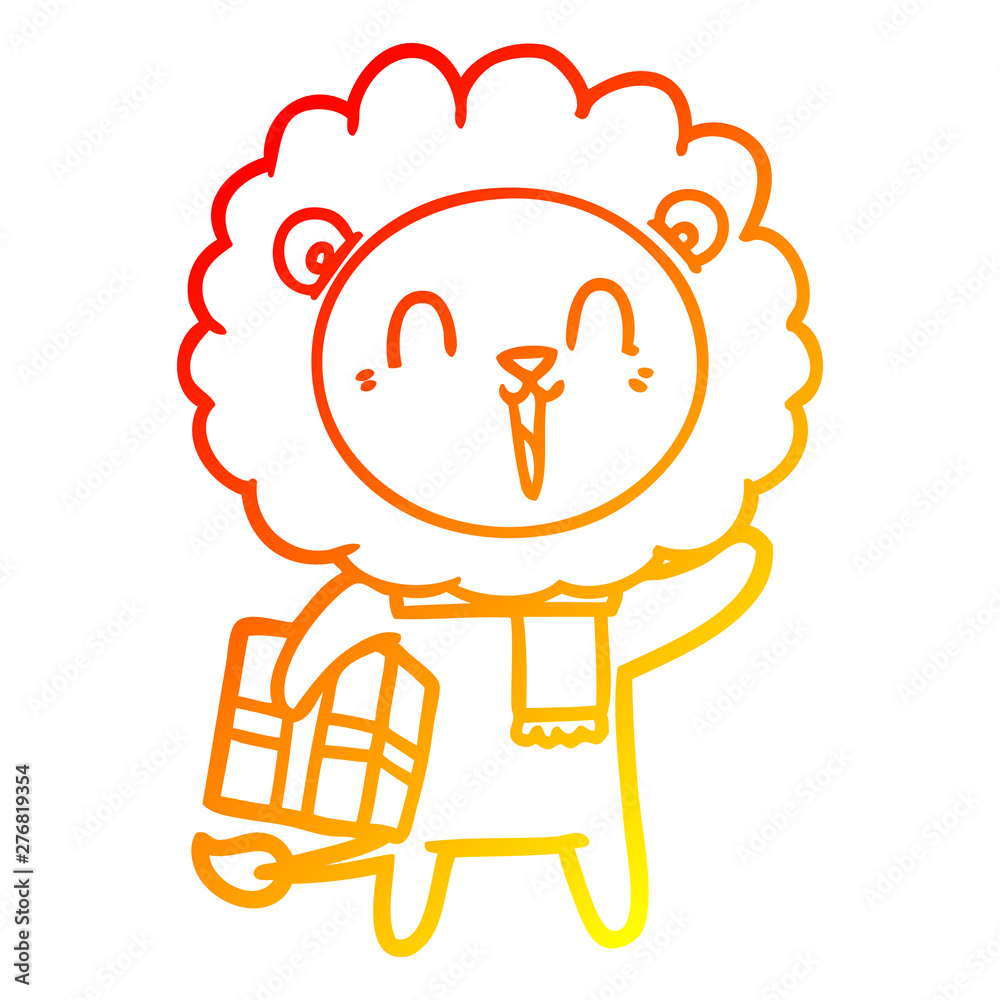 warm gradient line drawing laughing lion cartoon with christmas present