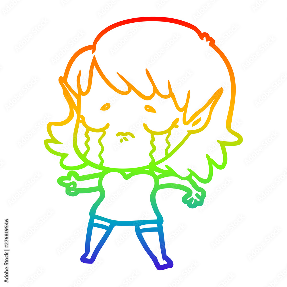 rainbow gradient line drawing cartoon crying elf girl rainbow gradient line drawing cartoon crying elf girl