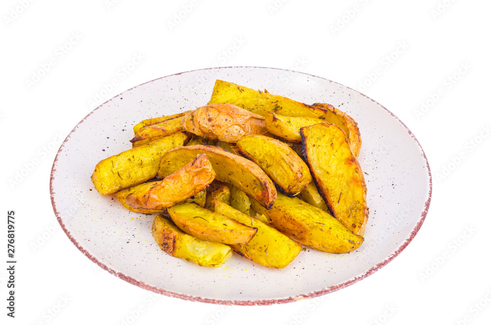 Baked potato wedges on plate isolated on white background Baked potato wedges on plate isolated on white background