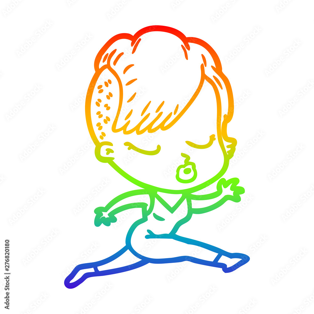 Fototapeta premium rainbow gradient line drawing cartoon pretty hipster girl