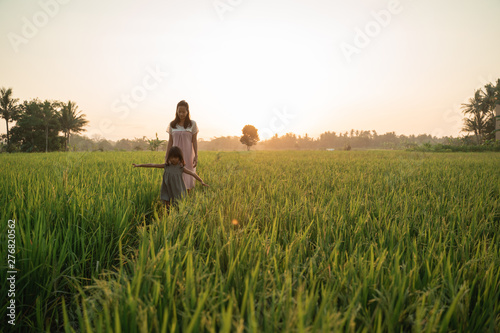 happy asian mother and kid walking in rice field in summer © Odua Images
