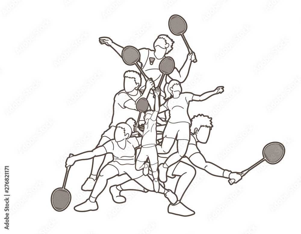 Group of Badminton players action cartoon graphic vector.