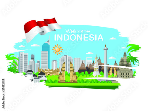 Vector color Flat design, Illustration of Indonesia Icons and landmarks