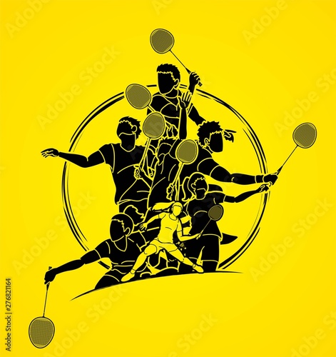 Group of Badminton players action cartoon graphic vector.