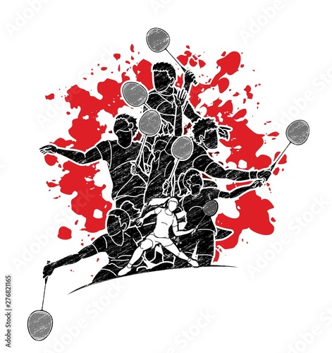 Group of Badminton players action cartoon graphic vector.