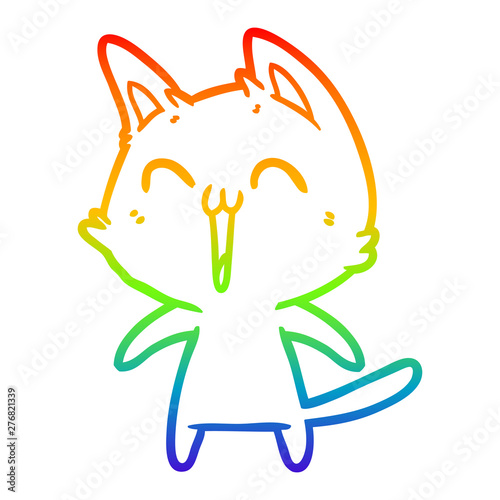 rainbow gradient line drawing happy cartoon cat meowing