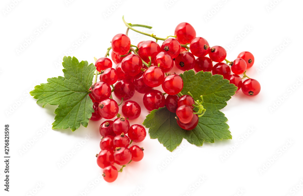 red currant with green leaves isolated on white background
