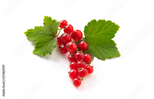 red currant with green leaves isolated on white background
