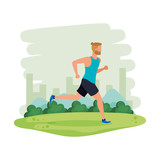 young athletic man running in the landscape