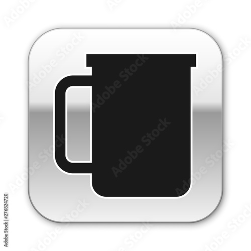 Black Coffee cup flat icon isolated on white background. Tea cup. Hot drink coffee. Silver square button. Vector Illustration