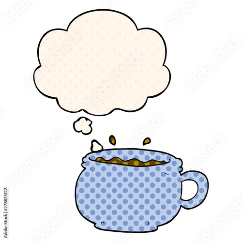 cartoon hot cup of coffee and thought bubble in comic book style