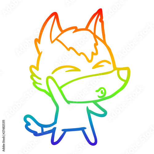 rainbow gradient line drawing cartoon waving wolf whistling