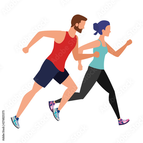 young athletic couple running characters