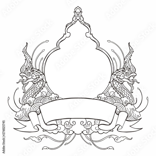 King of Nagas frame with Thai tradition ornamental style design with ribbon label  for write some wording  and decorative water wave spread cloud concept like on paradise vector 