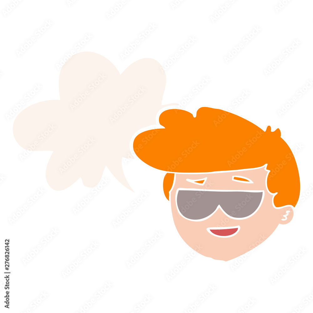 cartoon boy wearing sunglasses and speech bubble in retro style