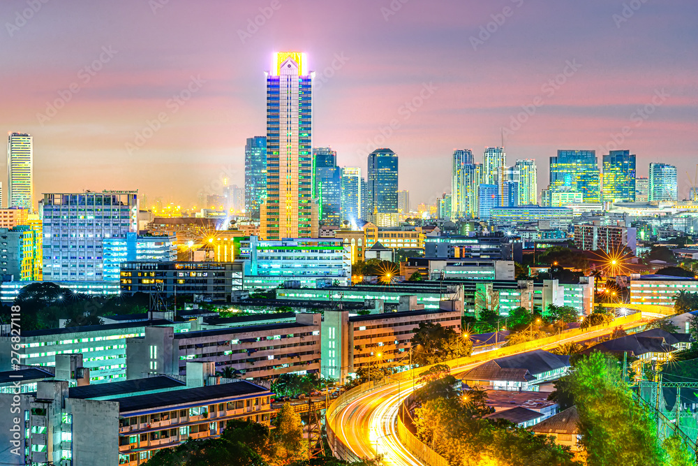 Fototapeta premium Bangkok capital city of Thailand in mid town of Building condominium and apartment resident in night ligh, office tower modern building in downtown