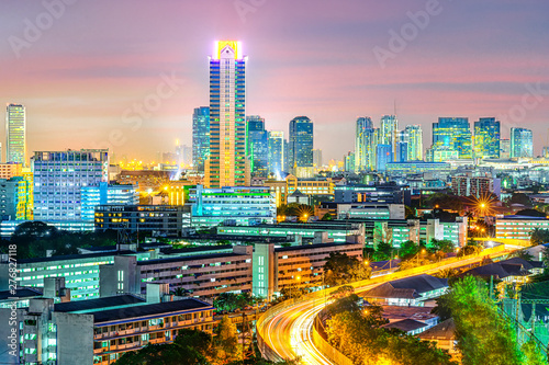 Bangkok capital city of Thailand in mid town of Building condominium and apartment resident in night ligh, office tower modern building in downtown