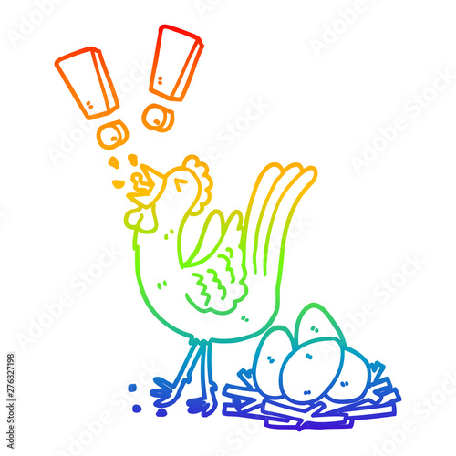 rainbow gradient line drawing cartoon chicken laying egg