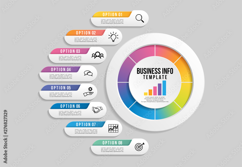 Vector Infographic Design Template with Options Steps and Marketing Icons. Business Data Visualization can be used for info graph, presentations, process, diagrams, annual reports, workflow layout