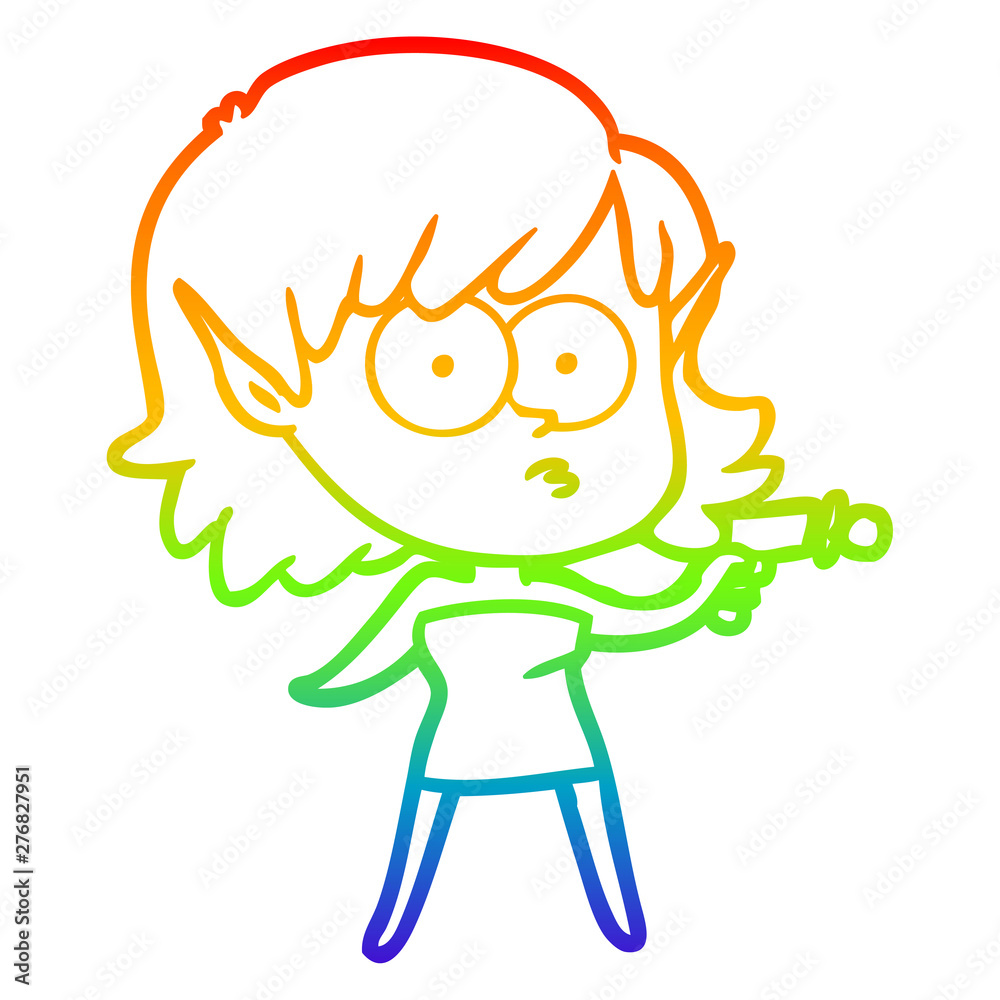 rainbow gradient line drawing cartoon elf girl with ray gun rainbow gradient line drawing cartoon elf girl with ray gun
