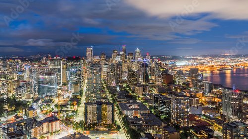 Seattle, Washington State, USA. Seattle`s skylines in blue hour, the view fromfamous Space Needle tower.