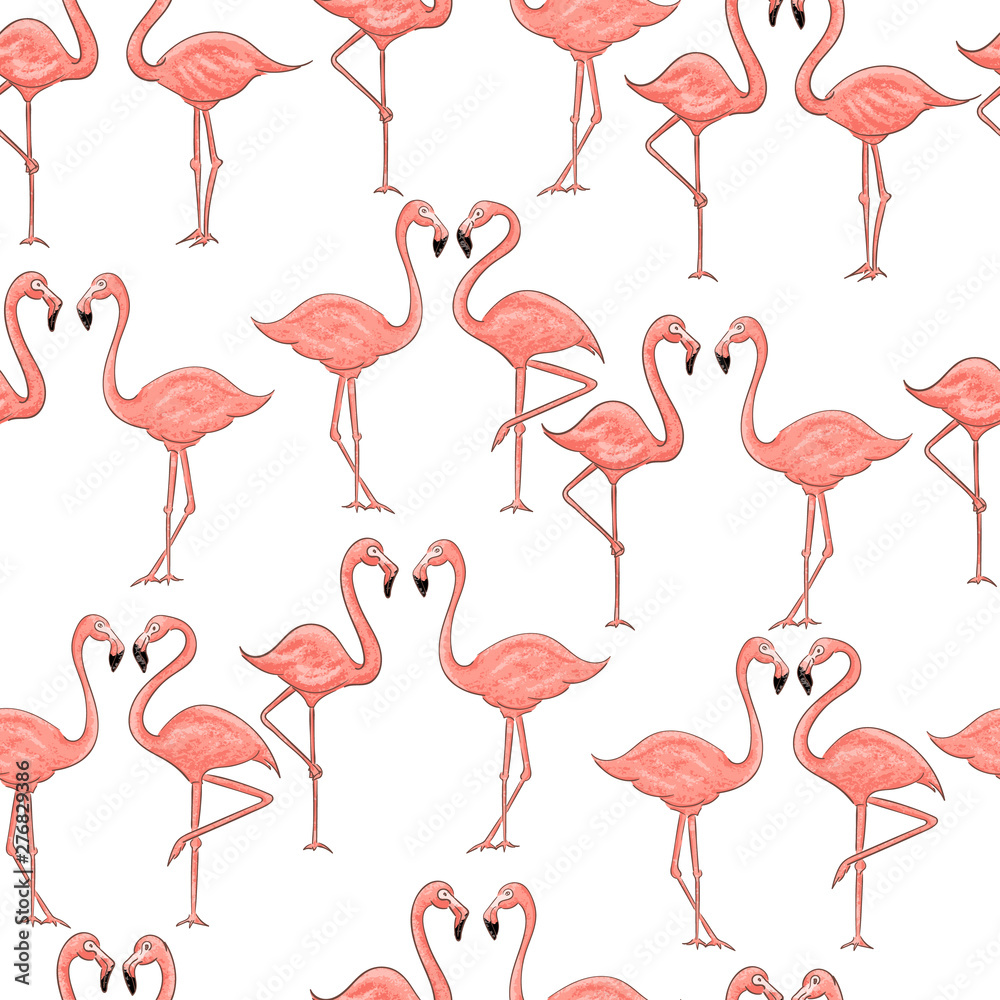 Fototapeta premium Cartoon pink flamingo seamless pattern on white background