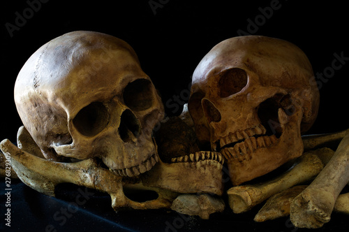 Two Skulls on pile of bones and on black cloth and dark background