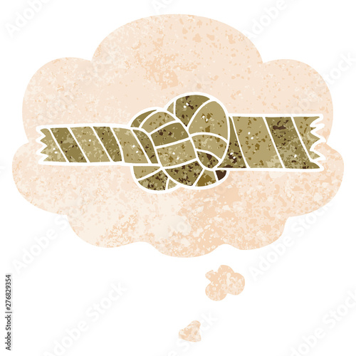 cartoon knotted rope and thought bubble in retro textured style