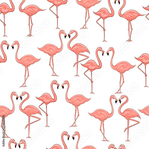 Cartoon pink flamingo seamless pattern on white background © NatliyaDesigner