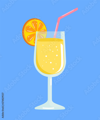 Natural fresh orange juice in a glass. Orange slice, tube for drinking. Healthy organic food. Citrus fruit. Vector illustration flat design. Isolated on white background. Taking vitamins.