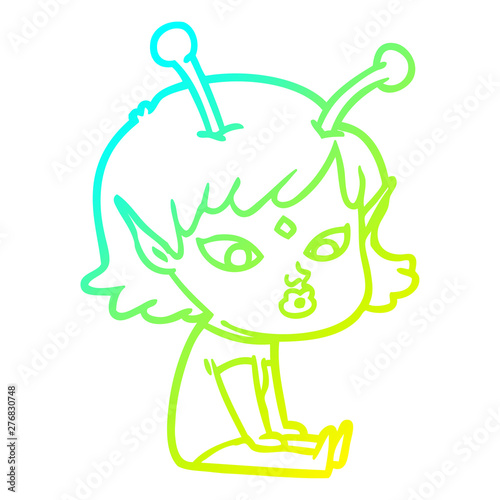 cold gradient line drawing pretty cartoon alien girl