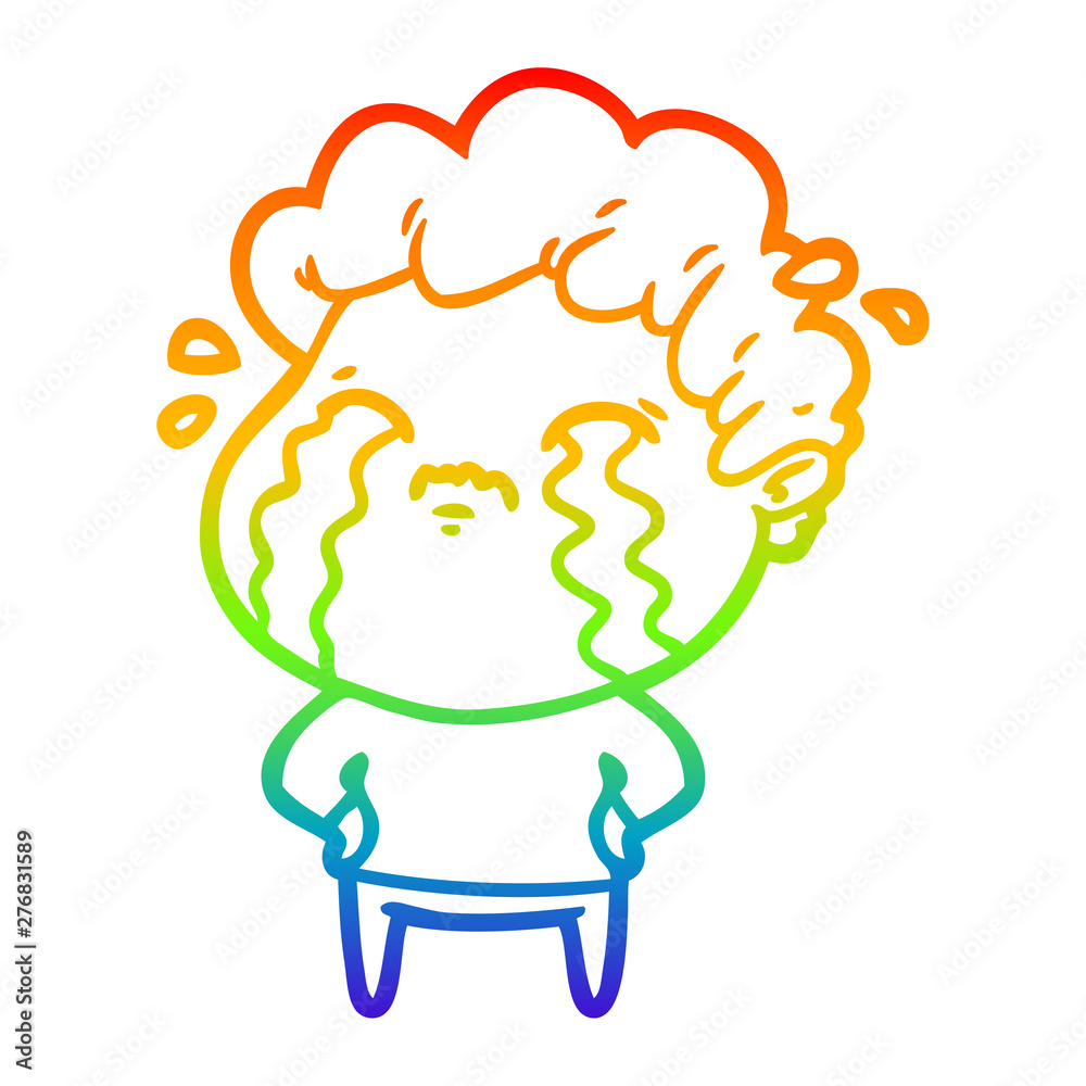 rainbow gradient line drawing cartoon man crying