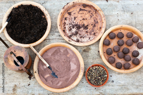 lot of ingredients for making seed bombs photo