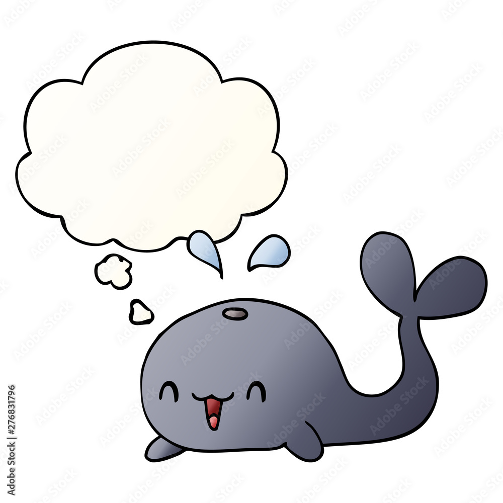 cartoon happy whale and thought bubble in smooth gradient style