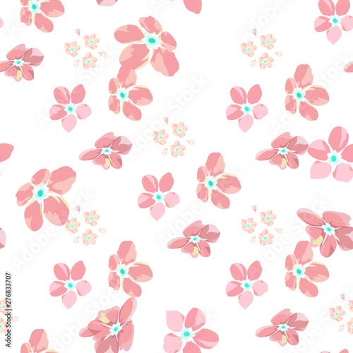 gentle little flowers and petals flying aside the botanical pattern of small colored wildflowers