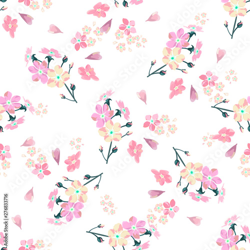 gentle little flowers and petals flying aside the botanical pattern of small colored wildflowers