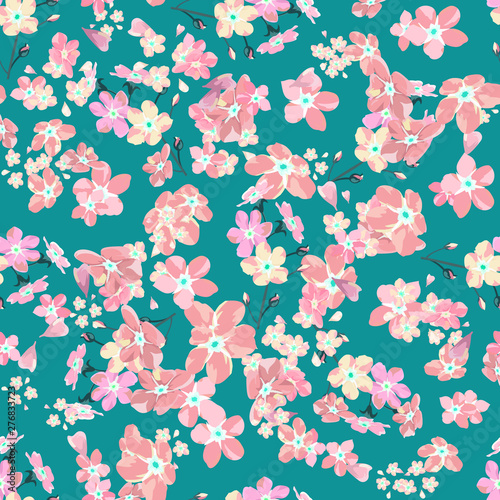 gentle little flowers and petals flying aside the botanical pattern of small colored wildflowers