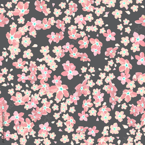 gentle little flowers and petals flying aside the botanical pattern of small colored wildflowers