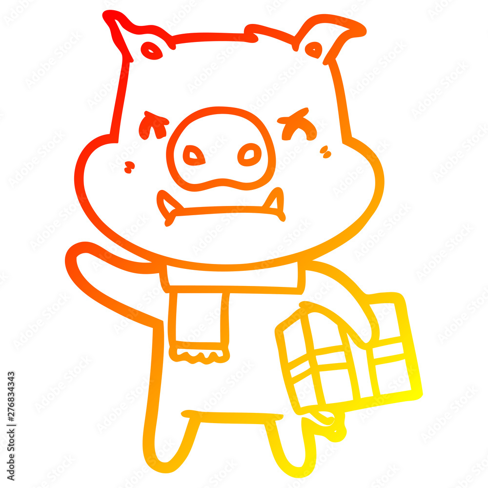 warm gradient line drawing angry cartoon pig with christmas gift warm gradient line drawing angry cartoon pig with christmas gift