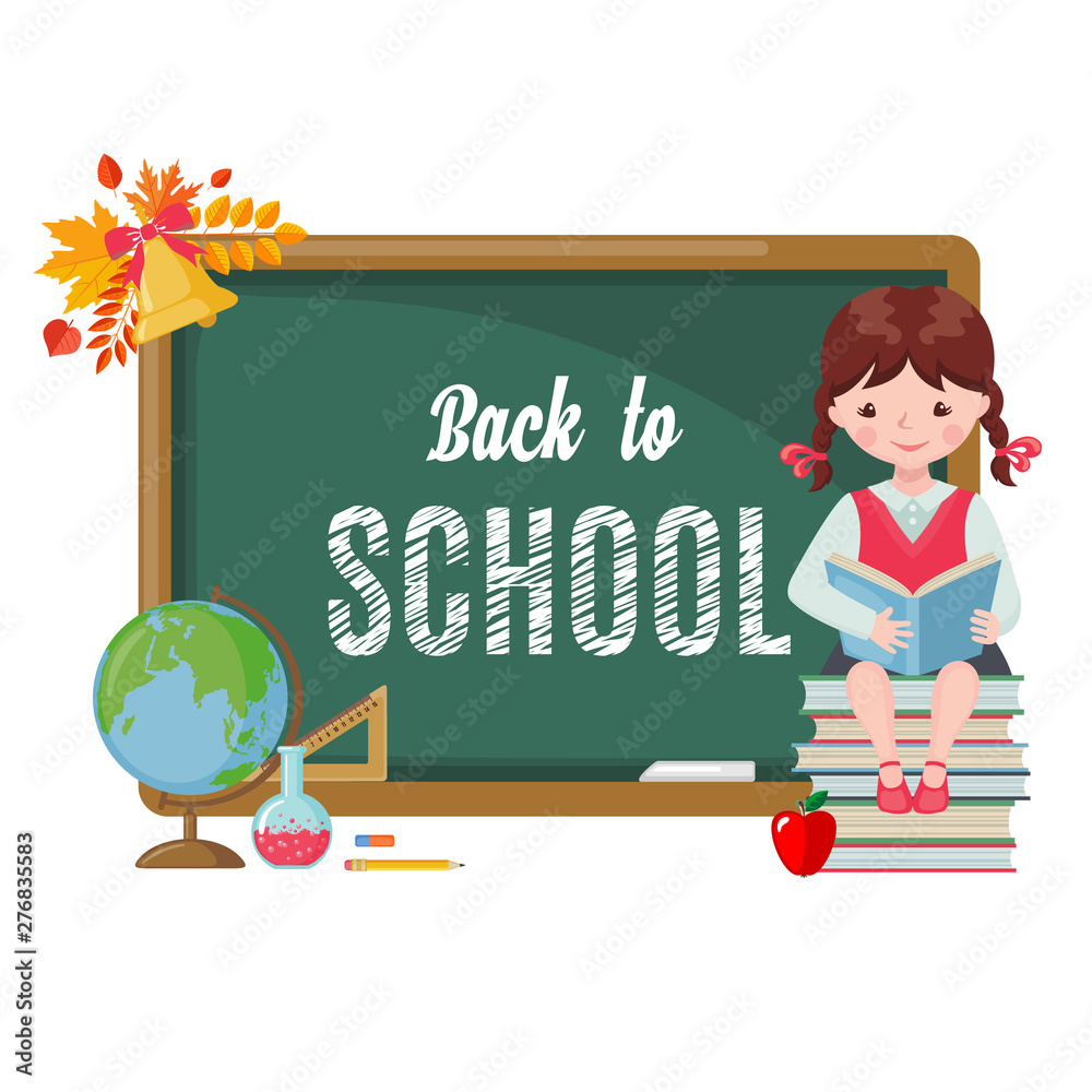 Cute girl with chalkboard and school supplies. Cute girl with chalkboard and school supplies.