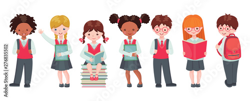 Vector set of pupils with school supplies.
