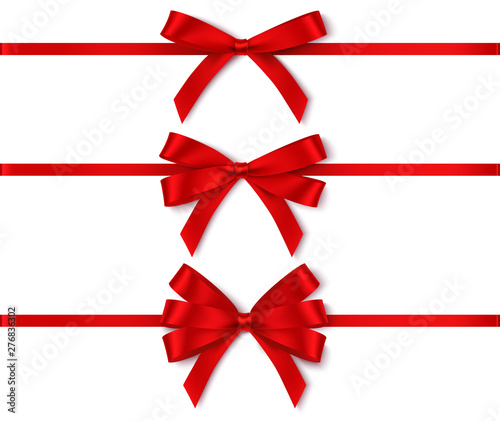 Set of different red bows with horizontal ribbon for holiday design isolated on white. Vector illustration
