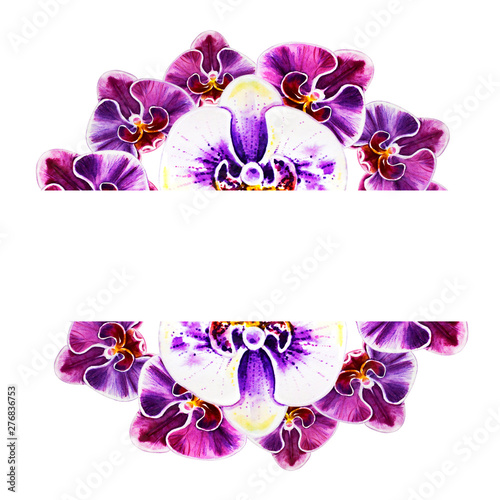 Beautiful colorful orchid text frame. Bouquet of flowers. Floral print. Marke...